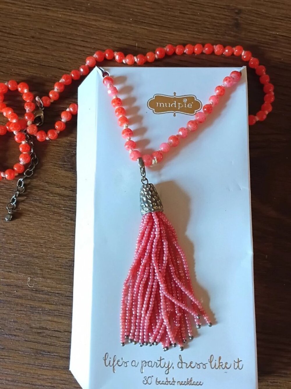 Mud Pie Pink & Coral Beaded Tassel Necklace 30" Boho Statement Fashion Jewelry